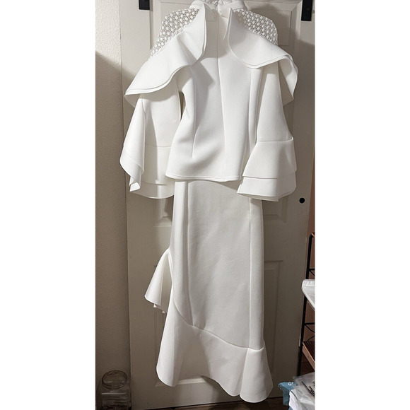 Maxi Skirt Set Scuba Cos Play Ruffles Glam White Witch Show Stopper Wedding SZ L - Picture 7 of 16